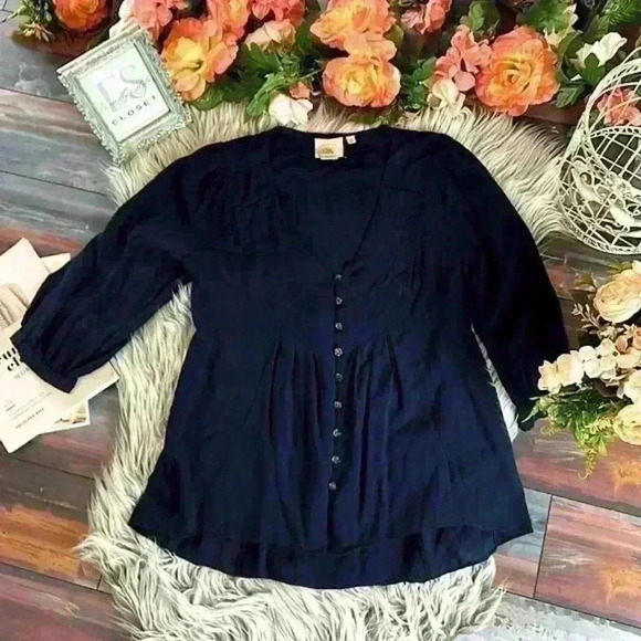 Anthropologie Vanessa Virginia Bold Blue Pleated Flowy Top - Picture 2 of 10